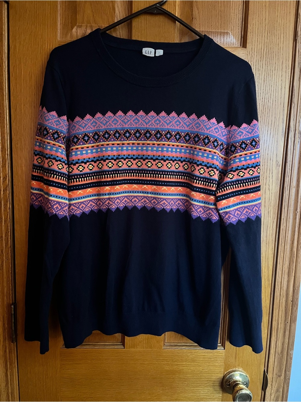 GAP Navy Crewneck Sweater with Pink, Orange & Blue Fair Isle